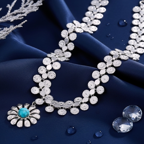 Vintage Style Boho Chic Stainless Steel Wide Flower Necklace Turquoise Accent - Picture 1 of 15